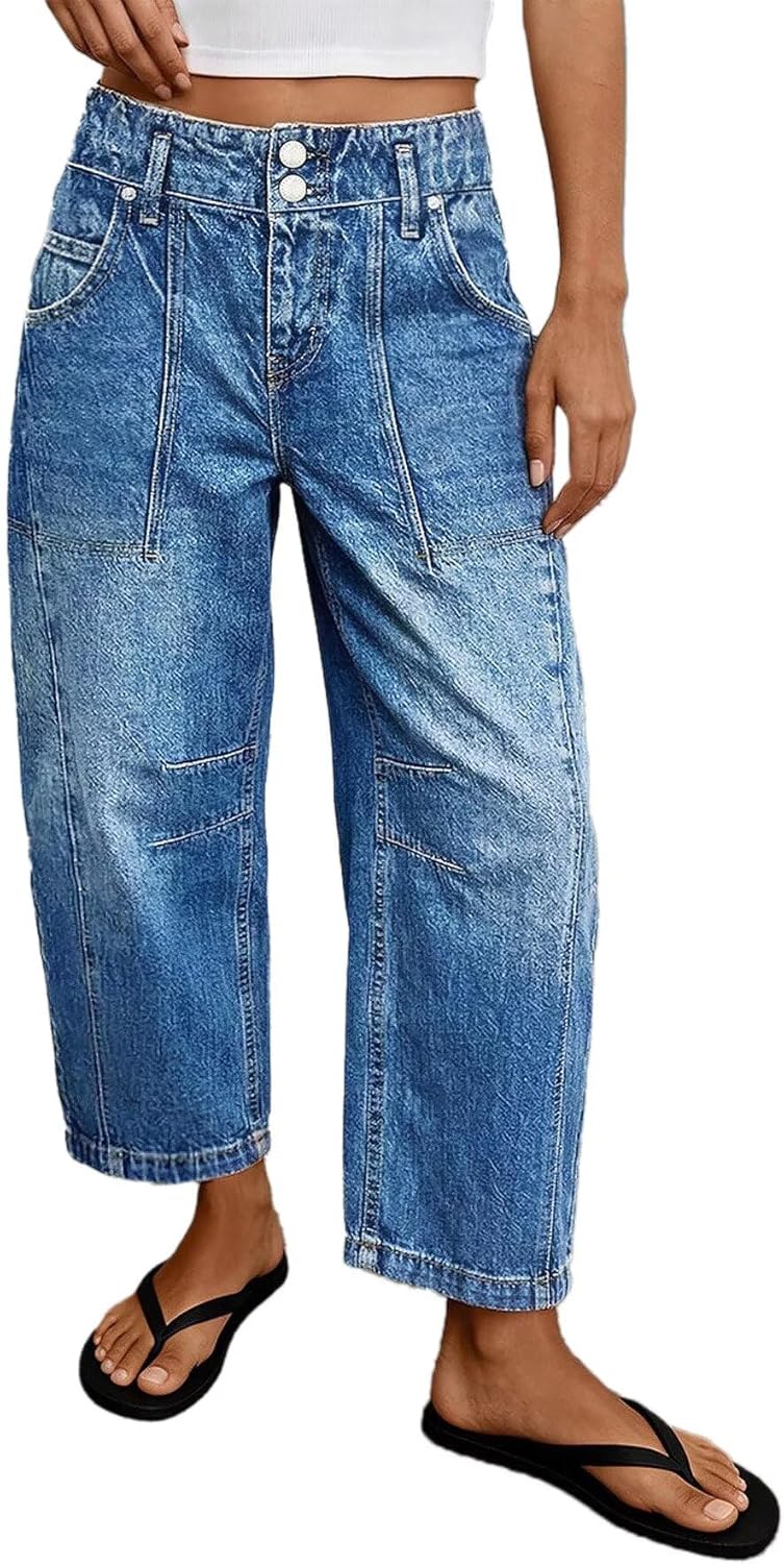 Flamingals Women's Barrel Leg Jeans High Waist Washed Trendy High Stretch Denim Pants