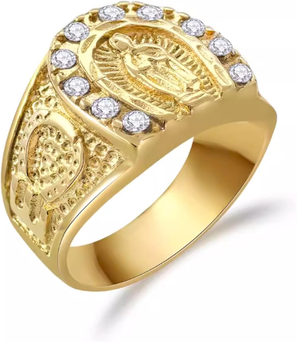 JAJAFOOK Men's Gold Plating Cubic Zirconia Our Lady of Guadalupe Virgin Mary Ring Religious Ring Size 7-13