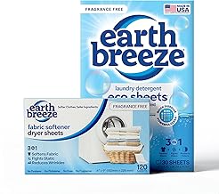 Earth Breeze Fragrance Free Laundry Detergent & Dryer Sheets Bundle – 1PK Laundry (60 Loads) + 1PK Dryer Sheets (120 Loads) – Made in USA, Hypoallergenic