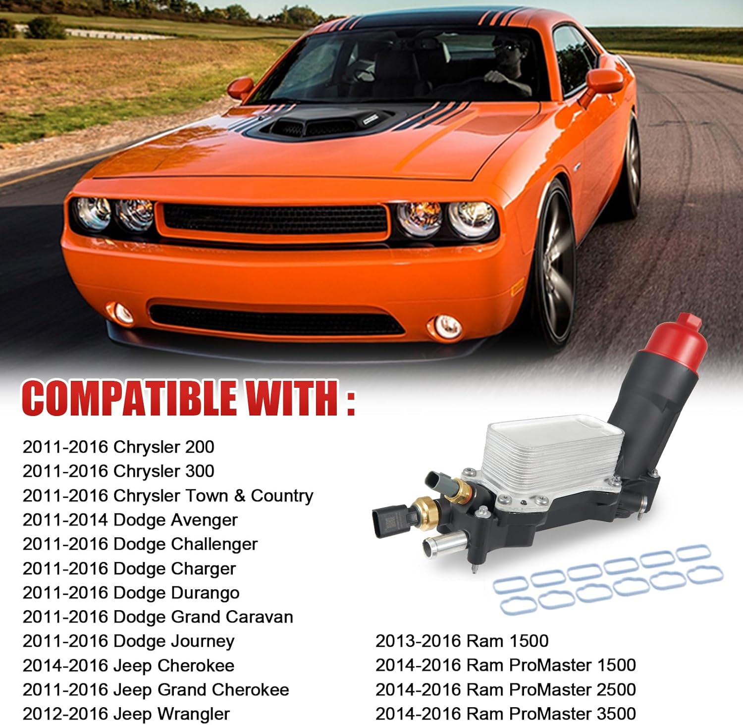 Upgrade Full Aluminum Engine Oil Cooler Filter Housing with Sensors and Gaskets Compatible with 2011-2016 Chrysler 200 300 Dodge Charger Challenger Journey Wrangler Ram ProMaster 3.2L 3.6L