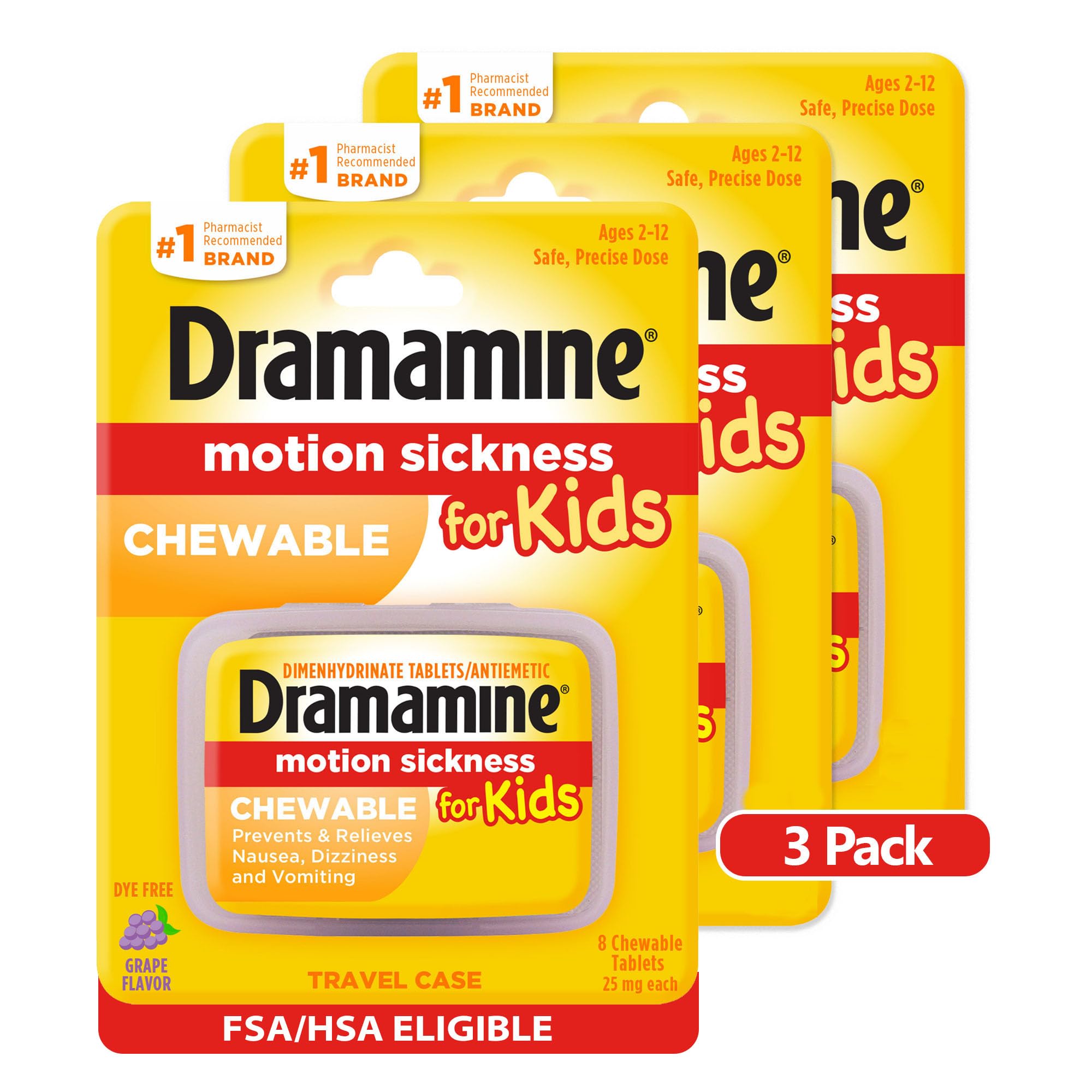 Dramamine Motion Sickness for Kids, Chewable, Dye Free, Grape Flavored, 8 Count (Pack of 3)
