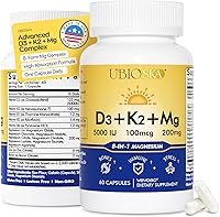 Vista 1 de UBIOSKA Vitamina D3 K2 Suplemento de magnesio – 5000 UI D3 + MK-7 K2 con 8 formas de magnesio (glicinato, taurato, malato) para un sueño tranquilo