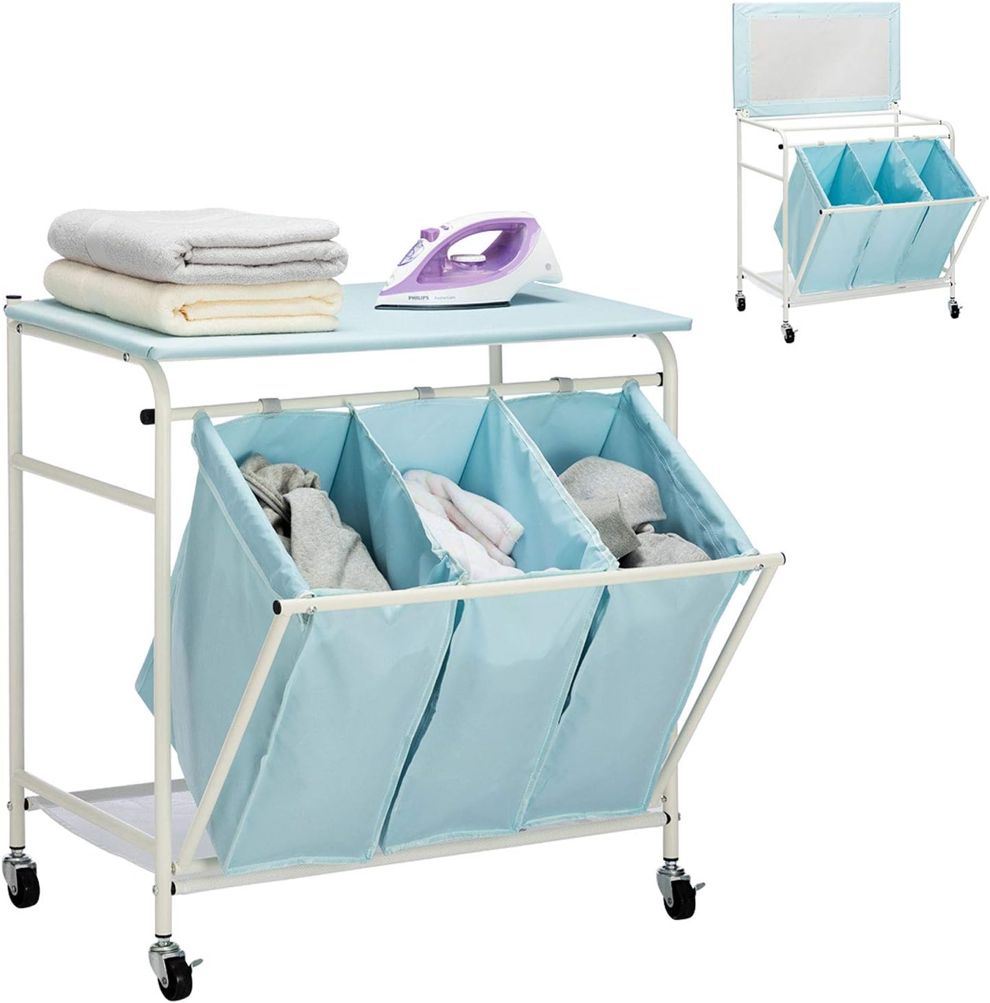 HollyHOME Laundry Sorter Cart with with Side Pull 3-Bag Ironing Board Heavy-Duty 4 Wheels Laundry Hamper Ligth Blue