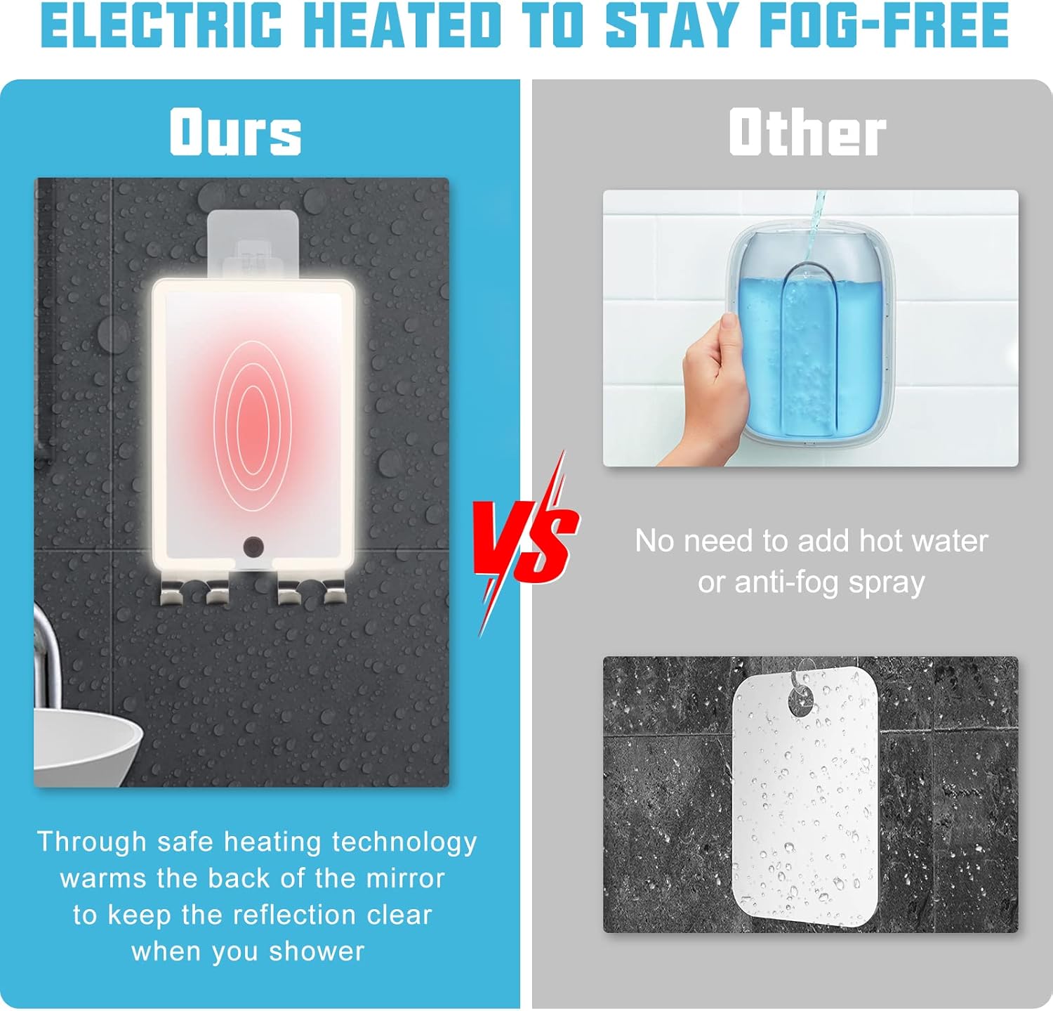 Jadazror Heated Shower Mirror Fogless Shaving Mirror(7.8X5.3in),LED Lighted Anti-Fog Shower Shaving Mirror with 2 Razor Holders,Made of Glass,Rechargeable,Long Press Adjust Brightness