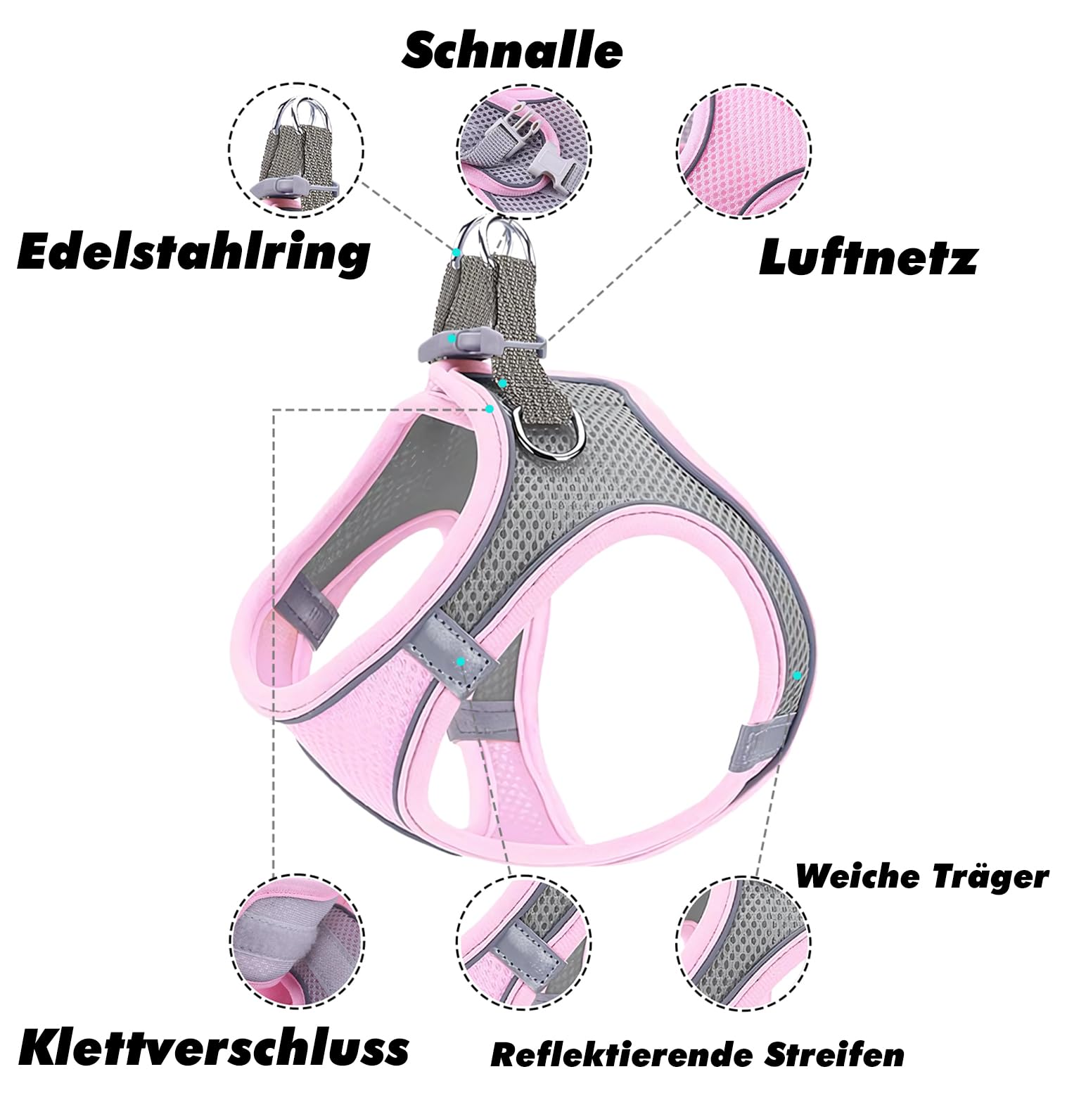 Reflektierendes Hundegeschirr Mit Leine – Weich, Atmungsaktiv, Für XXS Bis L, Rosa, Step-in-Design Mit Klettverschluss & D-Ring