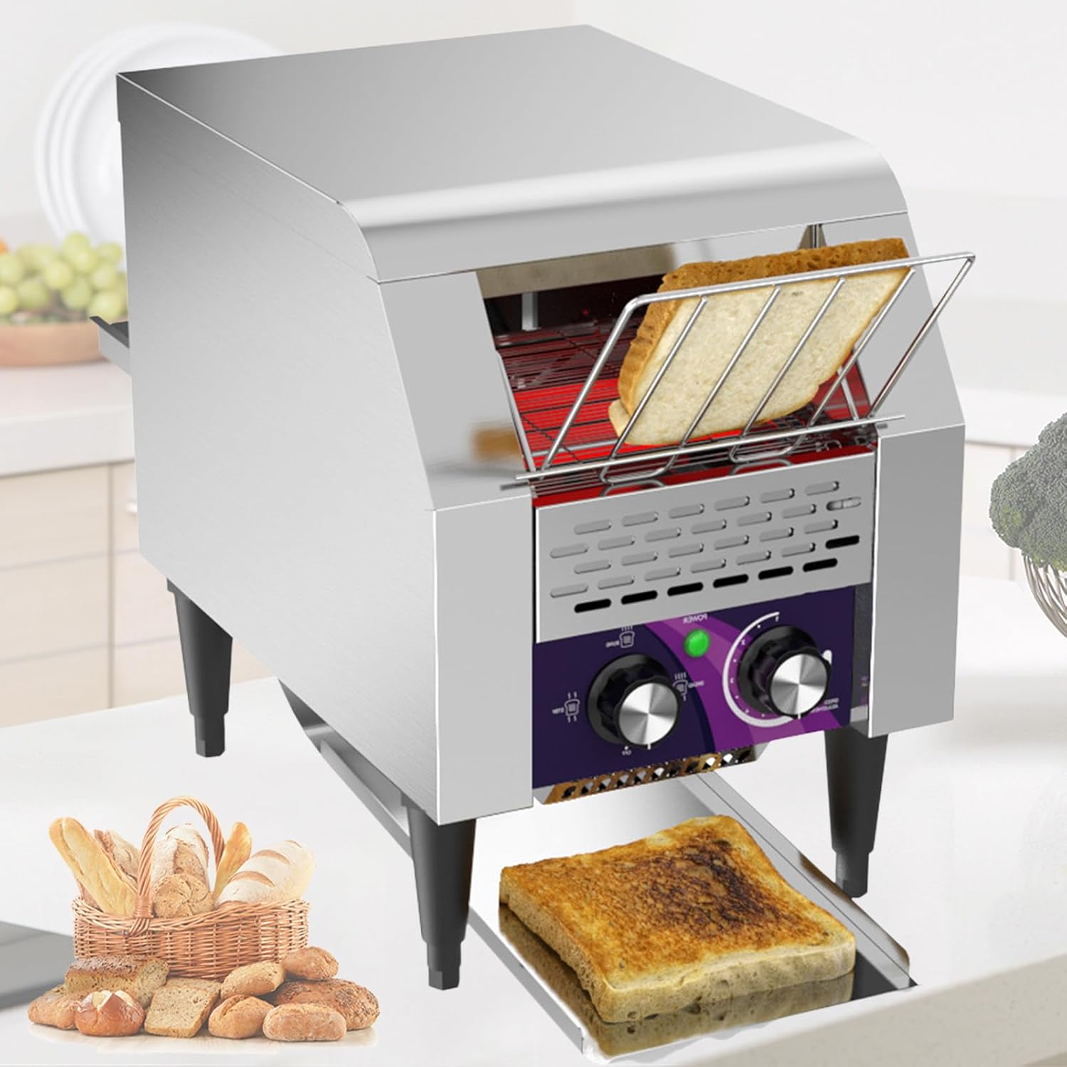 Commercial Conveyor Toaster, 1350W Stainless Steel Electric Oven with Dual Heating Tube, 7-Speed Adjustments, Extendable Legs, for Restaurants, Bakeries, Buffets Large