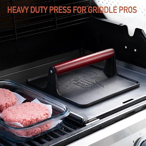 Miniatura 3 de The Beef Master - Prensa para parrilla de hierro fundido, prensa de hamburguesas XL, prensa de plancha pre-sazonada, prensa de carne resistente para