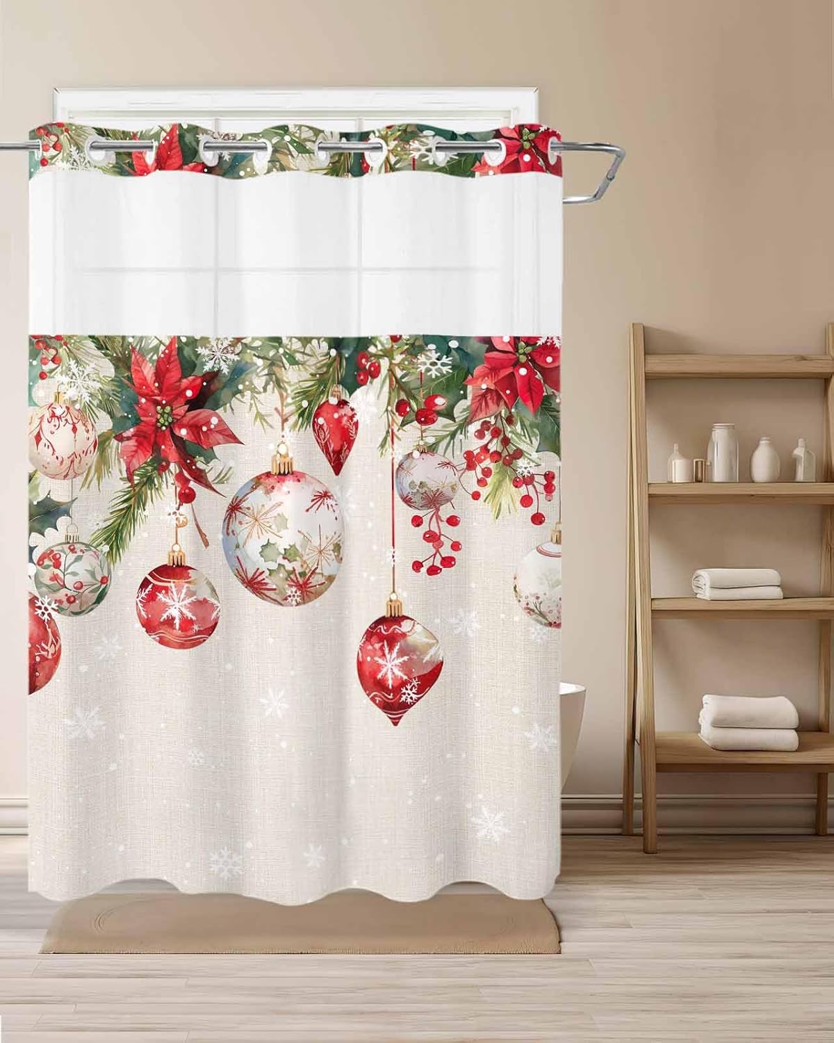 No Hooks Shower Curtain with Waterproof Snap Liner, Christmas Winter Snowflake Poinsettia Xmas Balls Linen Texture Premium No Hooks Shower Curtain Decor for Hotel Bathroom Grade Spa, 60"x72"