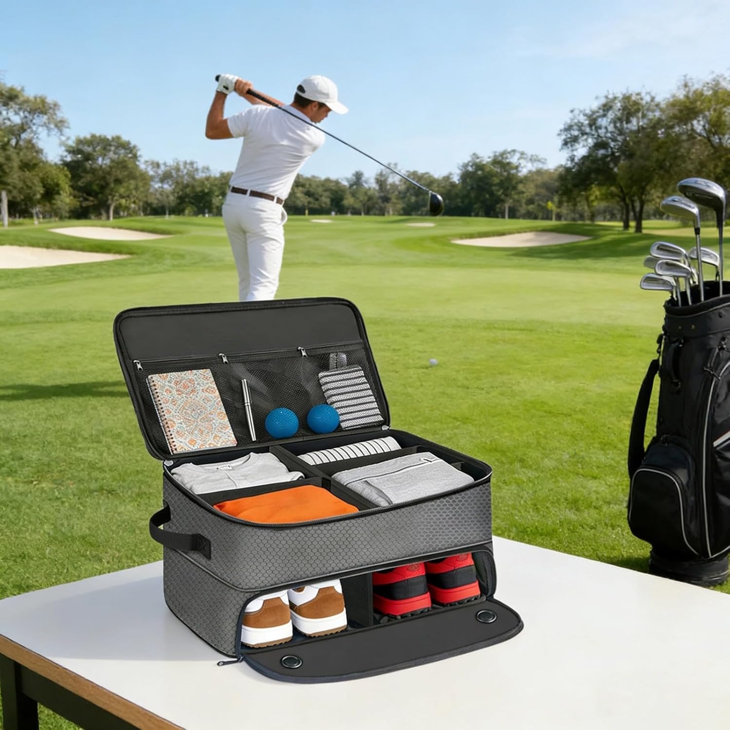 Golf Accessories Storage Trunk, Oxford Fabric, Double-Layer Design, Golf Gear Storage with Shoe Compartment, Car Storage Suitcase