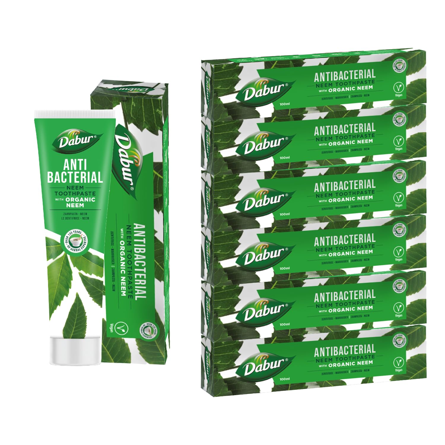 Dabur Neem Organic Toothpaste - 100ml (Pack of 6) | Antibacterial Natural Oral Care with Neem Extracts | for Fresh Breath & Healthy Teeth | Fluoride-Free Formula Fight Germs and Protect Gums