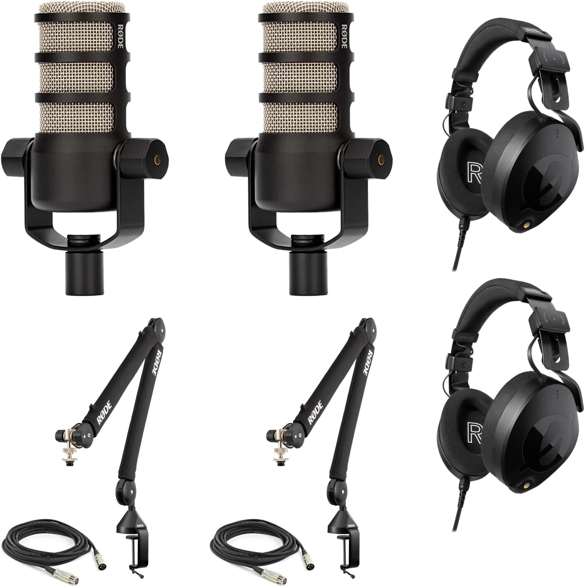 Rode PodMic Dynamic Podcasting Microphones (Pair) with Rode PSA1+ Professional Studio Boom Arms, Rode NTH-100 Professional Closed-Back Over Ear Headphones, XLR Cables and Polishing Cloth