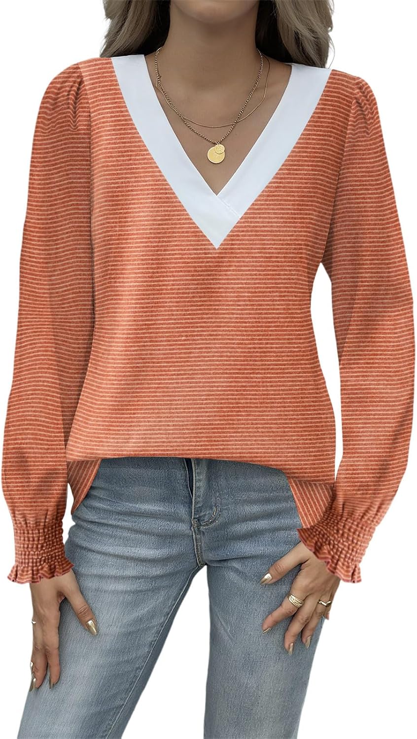 Yousify Women V Neck Striped Shirt Puff Ruffle Trim Long Sleeve Tunics Fall Basic Work Tops Casual Fleece Thermal Shirts - Image 4