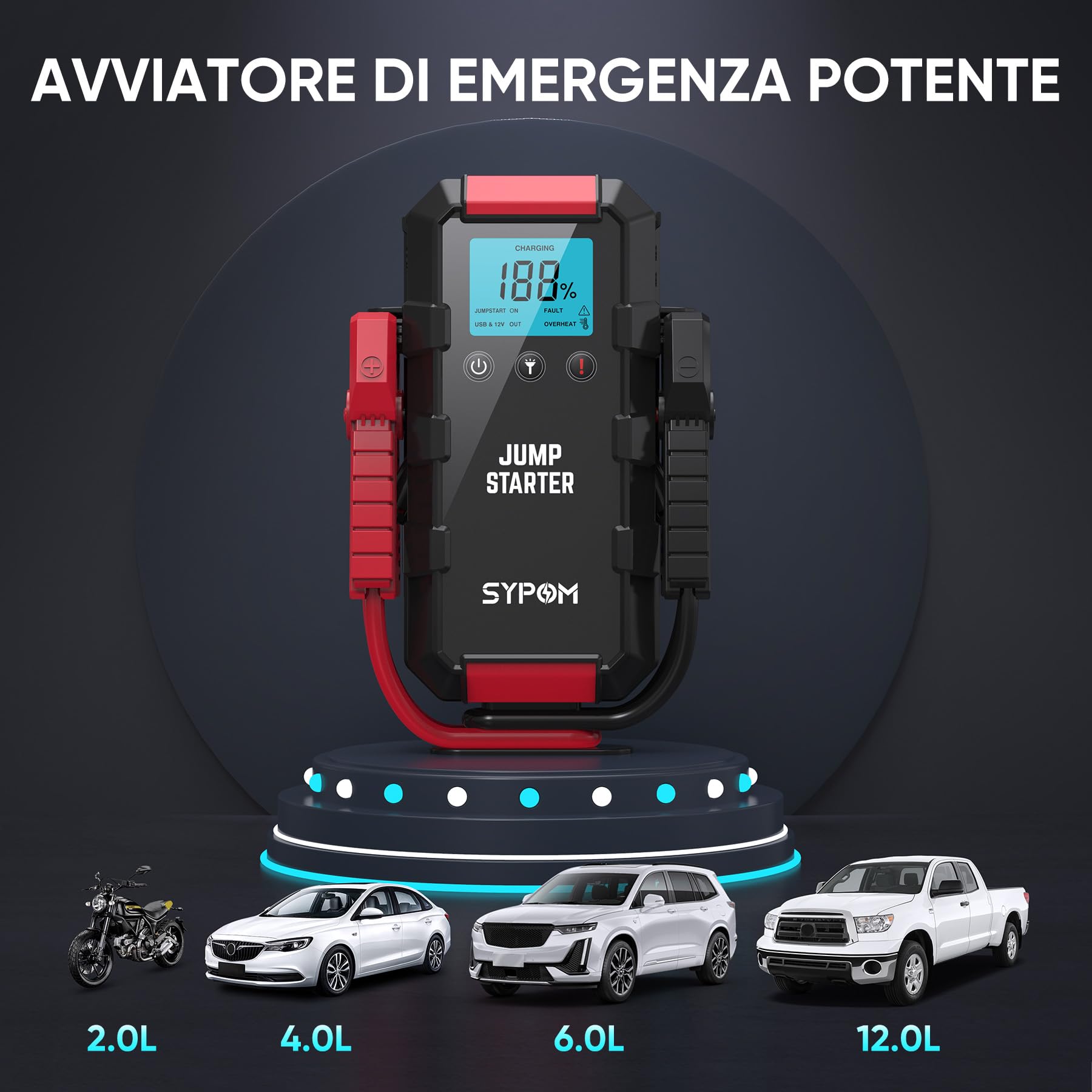 Avviatore Batteria Auto, 6000A Avviatore Emergenza (Fino a all Gas e 12.0L Diesel), 12V Starter Batteria con Torcia a LED, Booster Avviamento Auto