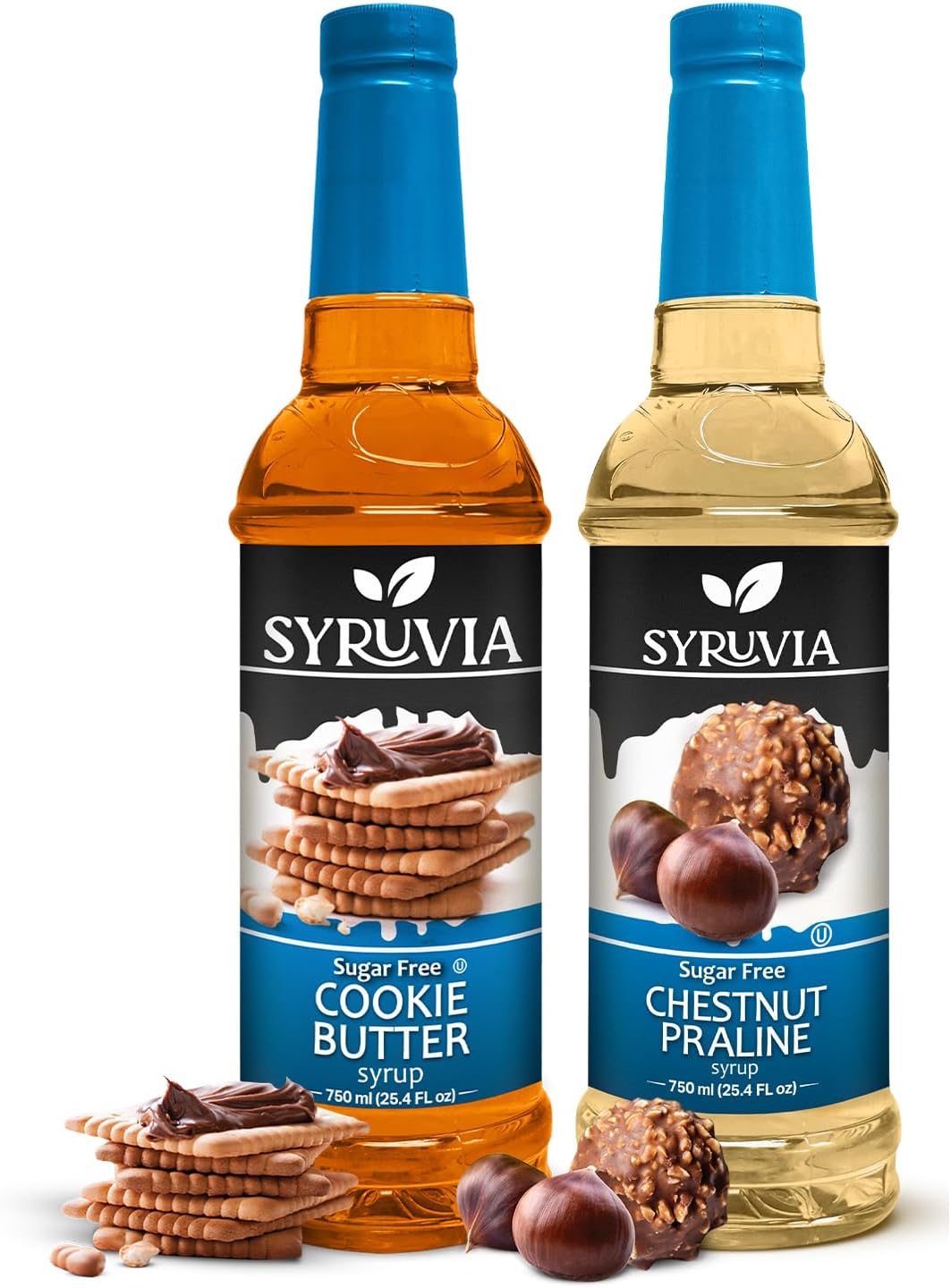 Syruvia Sugar-Free Cookie Butter Coffee Syrup & Sugar-Free Chestnut Praline Coffee Syrup - 25.4 fl oz. Premium Coffee Flavoring Syrup. 0 Calories, Kosher, and Gluten-Free. Perfect for Enhancing Drinks