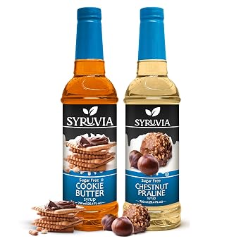 Syruvia Sugar-Free Cookie Butter Coffee Syrup & Sugar-Free Chestnut Praline Coffee Syrup - 25.4 fl oz. Premium Coffee Flavoring Syrup. 0 Calories, Kosher, and Gluten-Free. Perfect for Enhancing Drinks