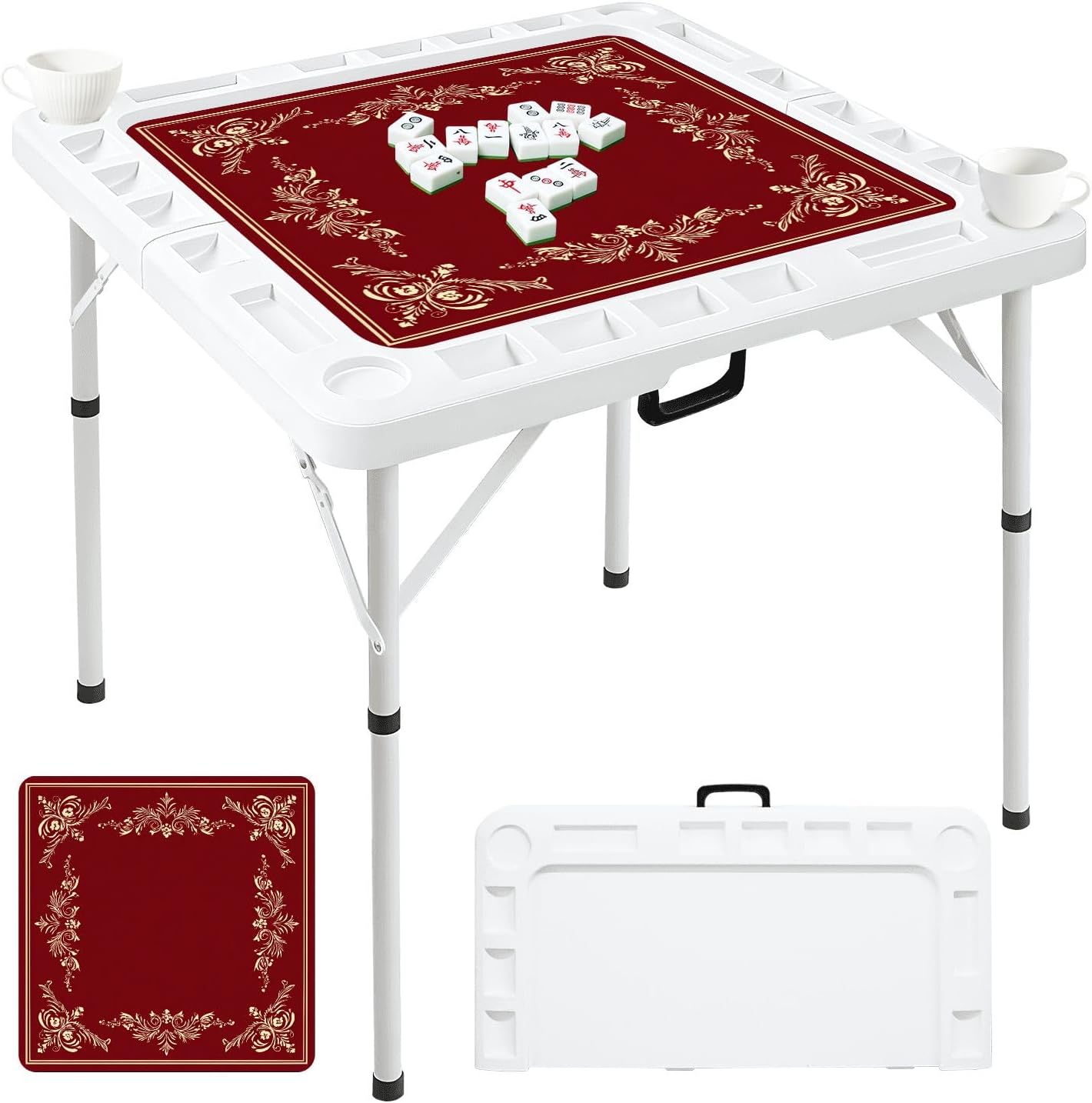 Folding Mahjong Table with Ornate Gold Decorative Frame Warm Wooden Intricate Filigree Wear-Resistant Mahjong Mat, 4 Cup Holders & Chip Trays for 4 Players Square Portable Card Table for Poker Domino