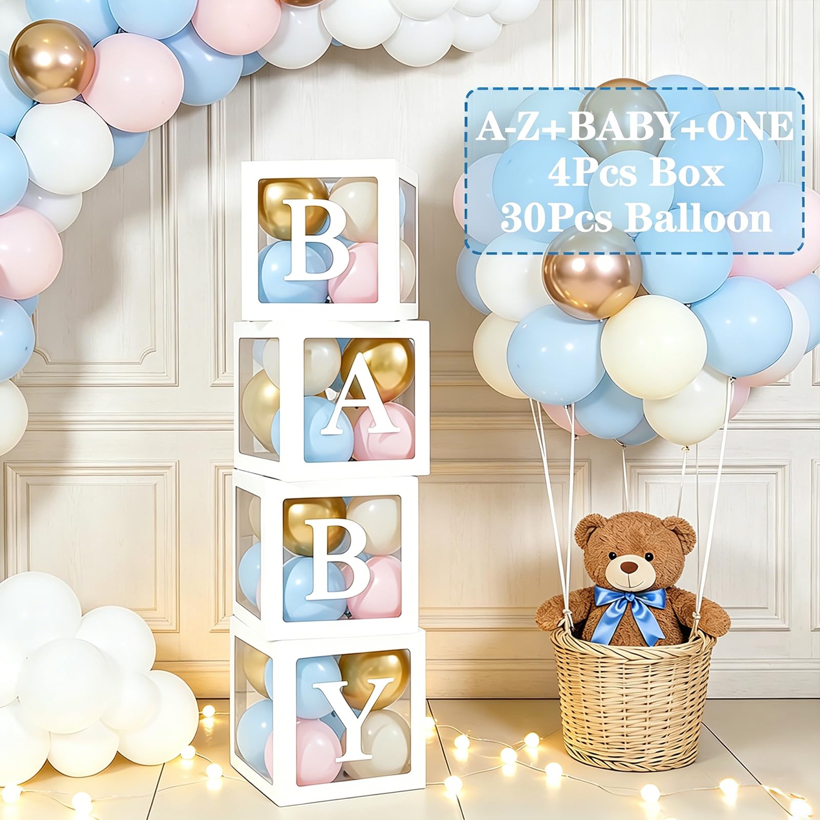 67Pcs Baby Shower Decorations Neutral, 4 Baby Boxes for Baby Shower Boy Girl with 30 Blue Pink Balloons, 33 Letters(ONE+BABY+A-Z), Balloon Boxes for Gender Reveal Birthday Party Decoration DIY Name
