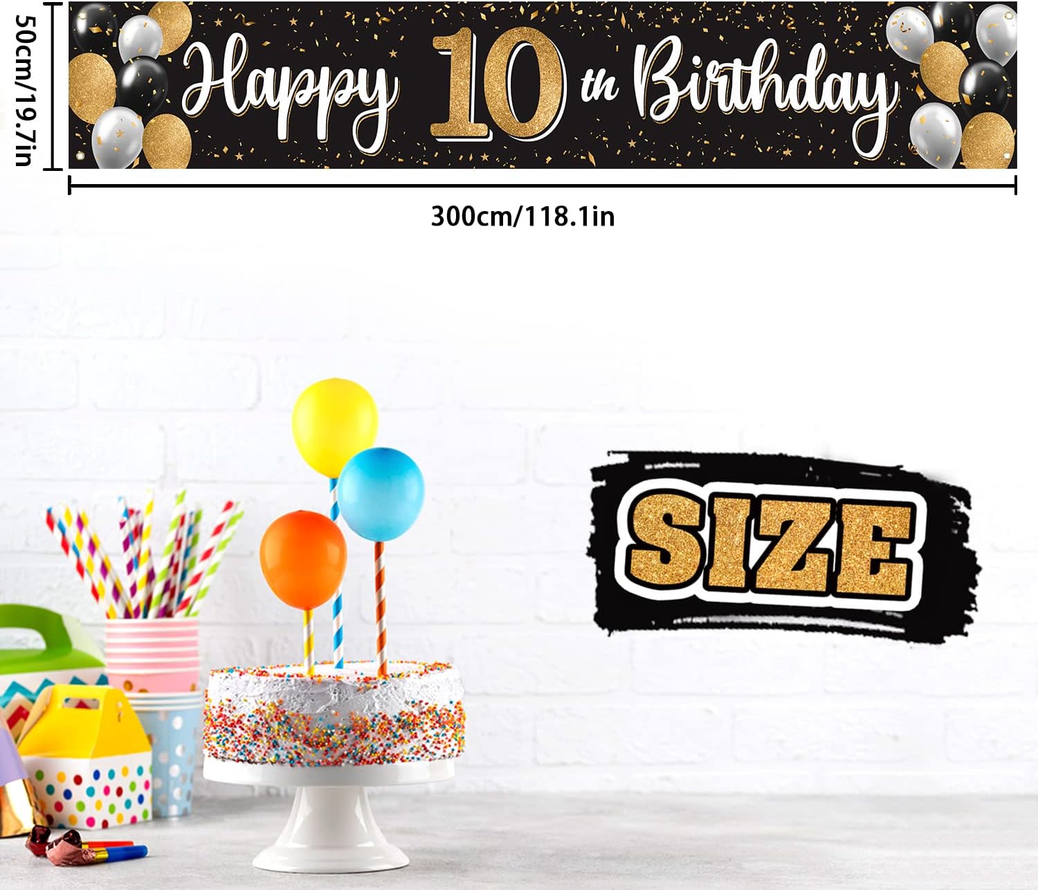 Happy 10th Birthday Decorations,10th Black & Gold Balloon Large Birthday Hanging Banner Sign,Cheers to Ten Years Old Bday Party Supplies.