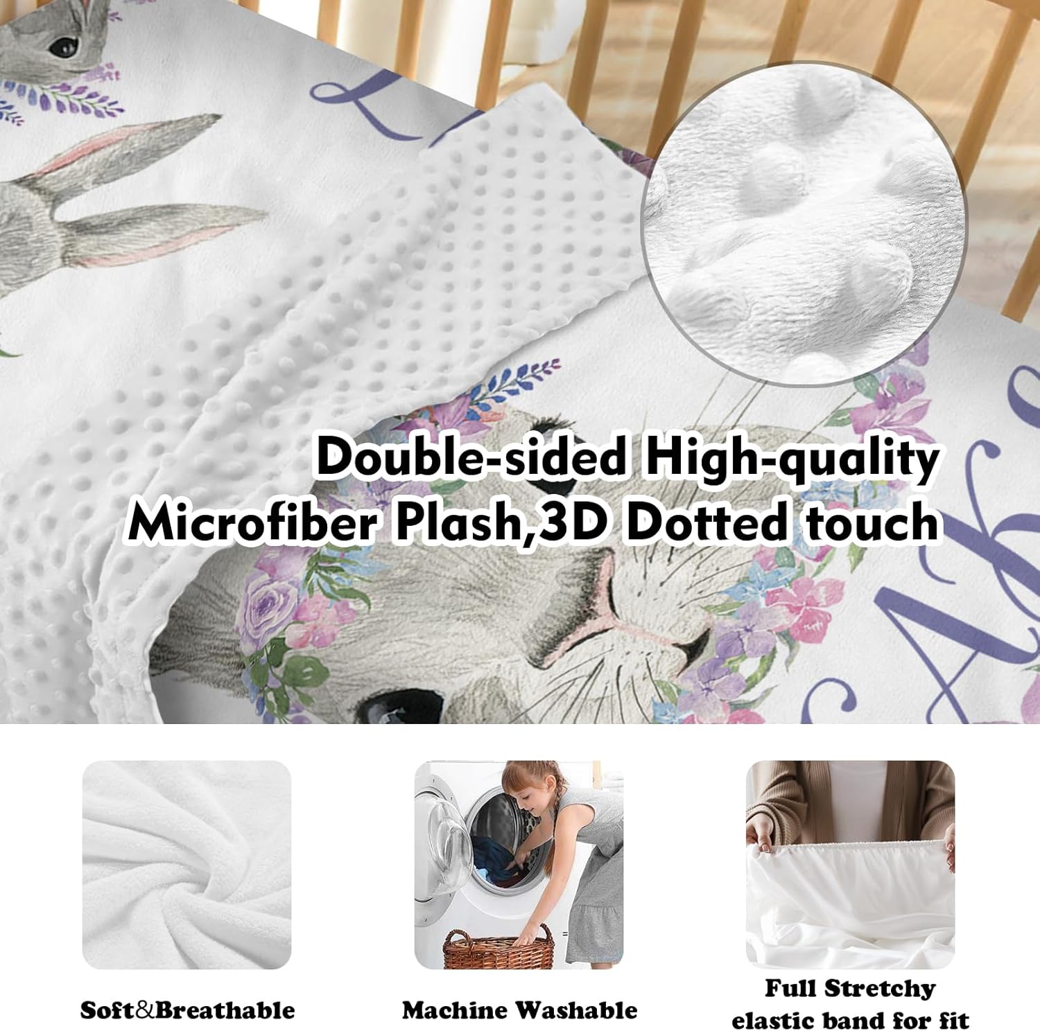 Custom Crib Bedding Set – Personalized Name Bunny Baby Bedding 5-Piece Set with Soft Blanket, Fitted Sheet, Changing Pad Cover, Rug and Wall Art – Adorable Gray Rabbit Nursery Decor for Newborn Girls