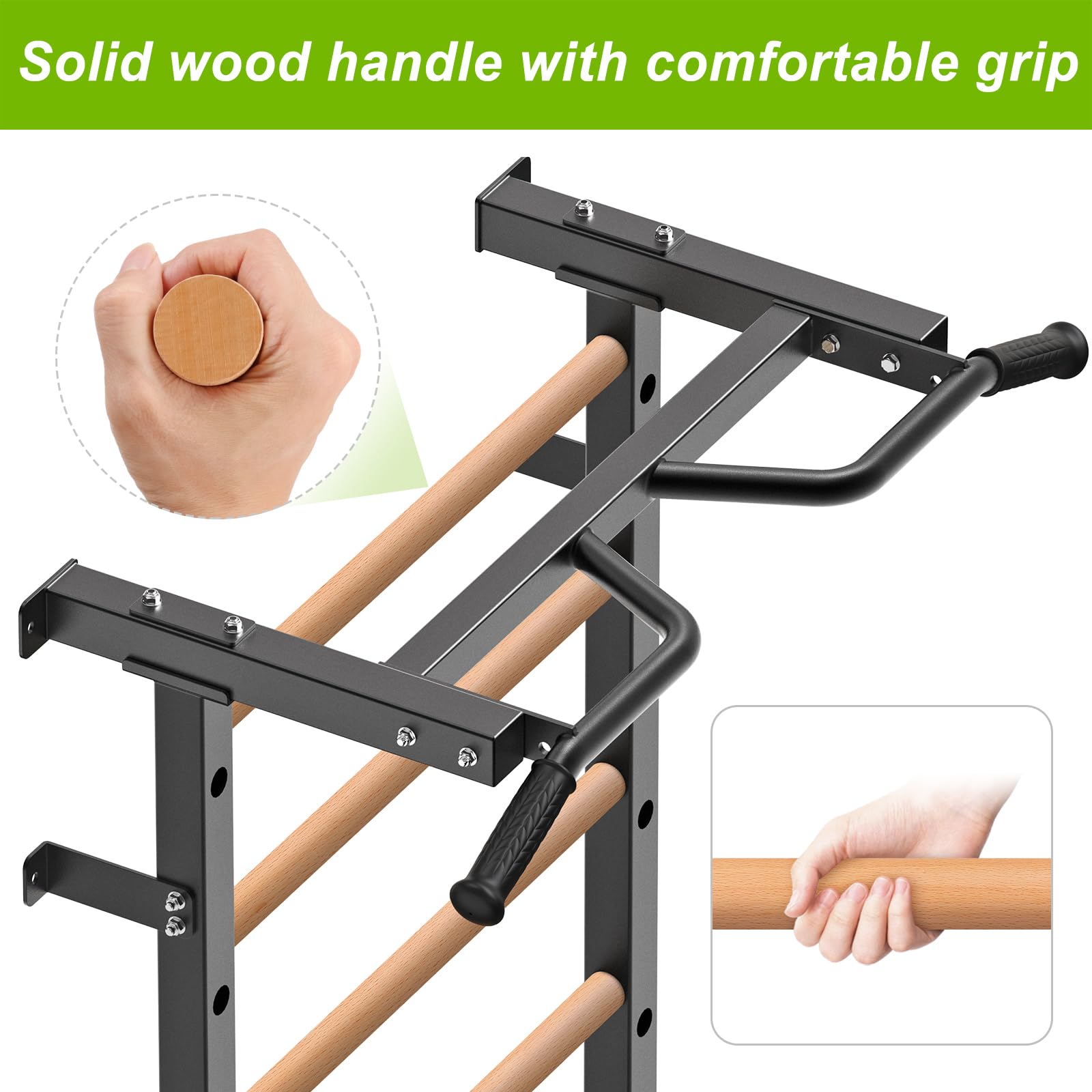 Kipika Turnreck – 5,1 x 5,1 cm schwedische Leiter mit 2,5 cm Loch, wandmontierter Klimmzugstangen-Leiter-Schlingentrainer, Gymnastik-Trainingsreck mit Massivholzgriffen für Zuhause, Wandturnhalle