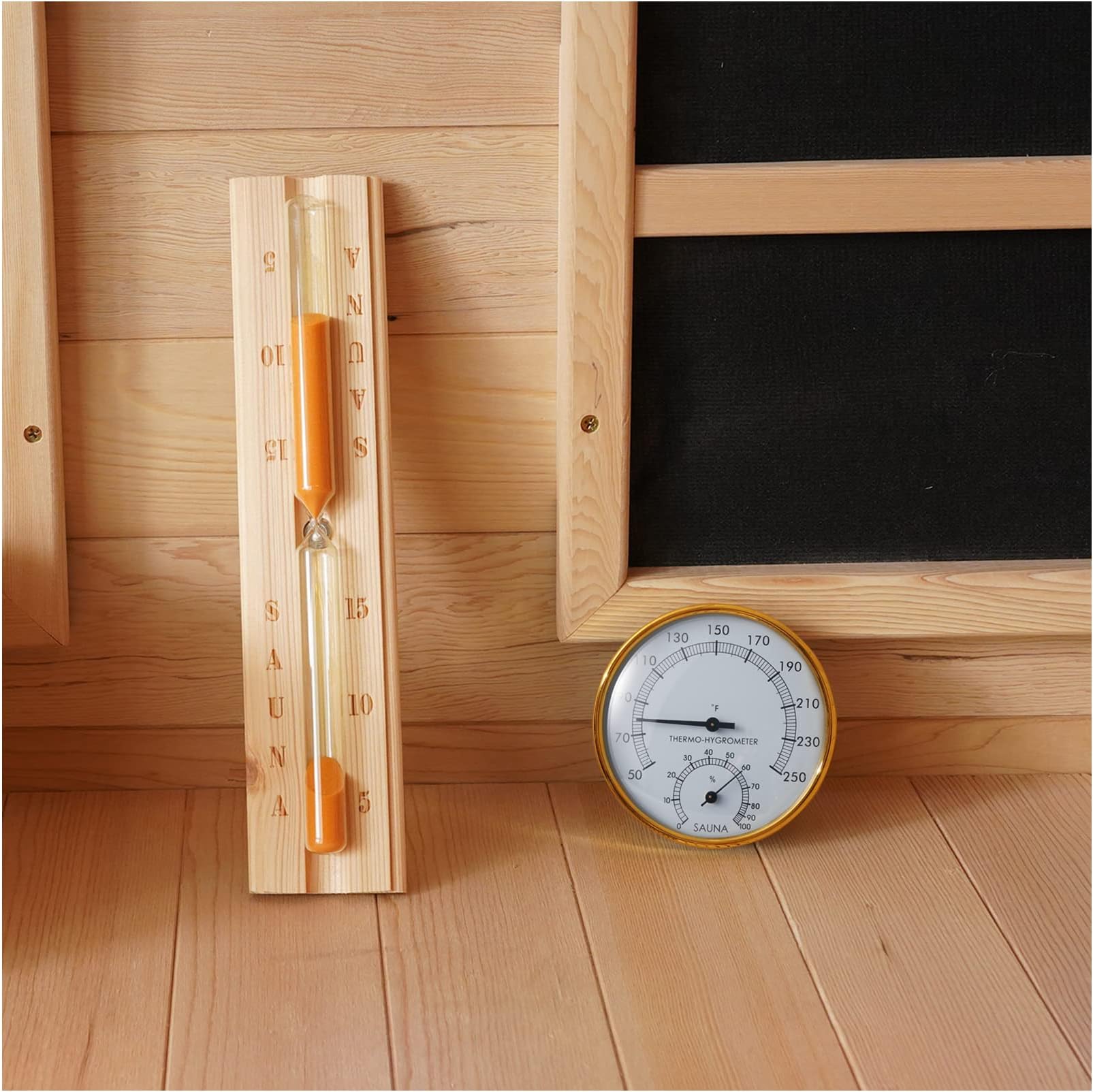 amocane Sauna Thermometer & 15 Minute Hourglass Sand Timer, 2 in 1 Fahrenheit Thermometer Hygrometer for Sauna Room, Sauna Accessories for Barrel or Steam Saunas