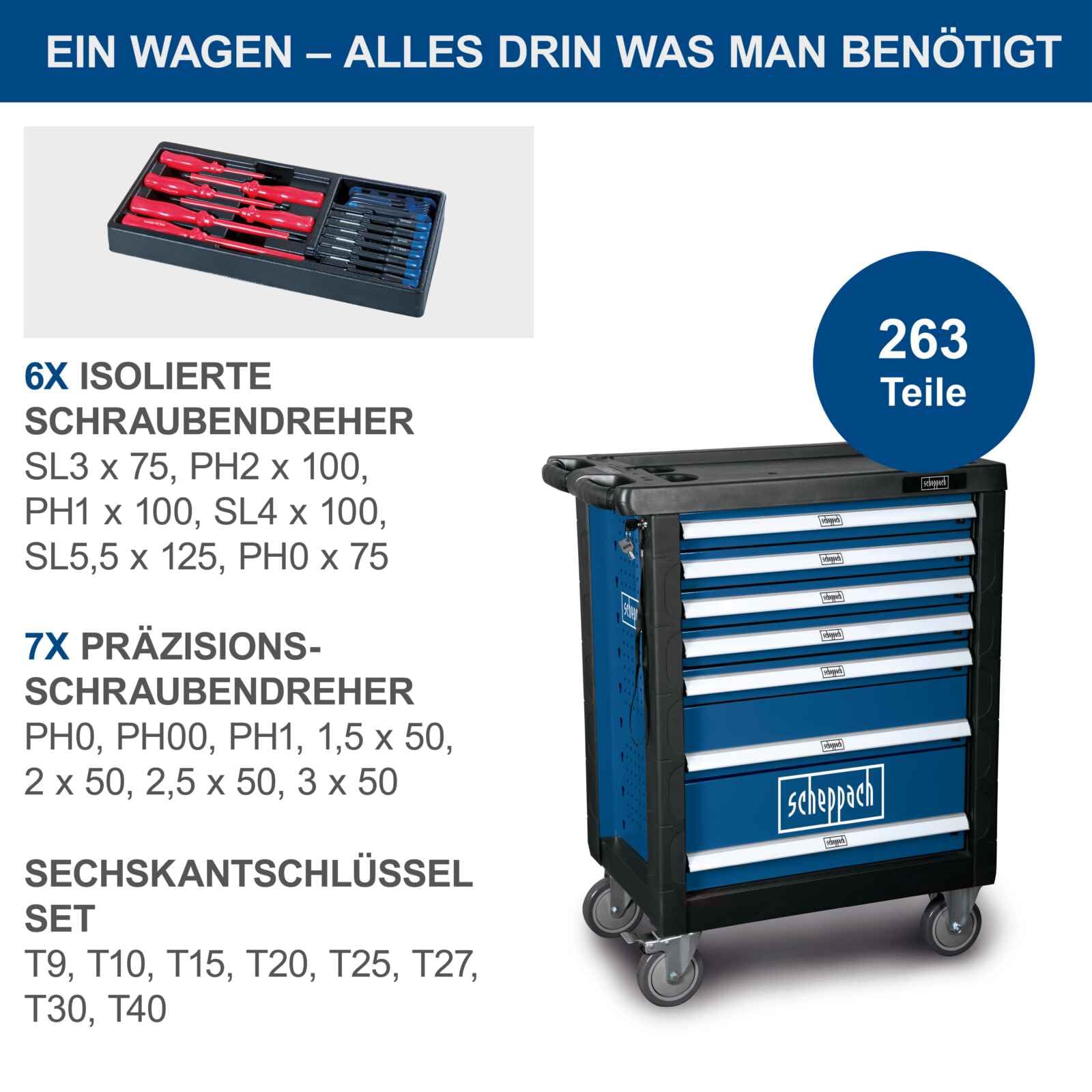 Scheppach Werkstattwagen TW1000 Werkzeugset Werkzeugwagen Werkstattschrank mit 4 Rollen | inkl. 263-tlg. Zubehör | abschließbar und mobil | 7 Schubladen