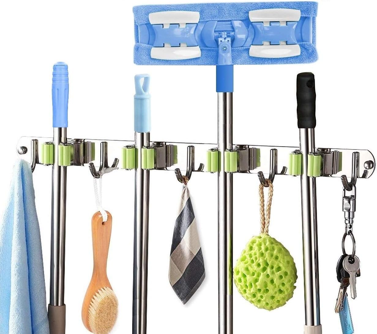 Mop and Broom Holder Wall Mounted Storage Organizer Broom Holder Stainless Steel Mop Holder Utility Tool Organizers with 4 Position 5 Hooks for Laundry Room Garden Garage Closet Kitchen : Tools & Home Improvement