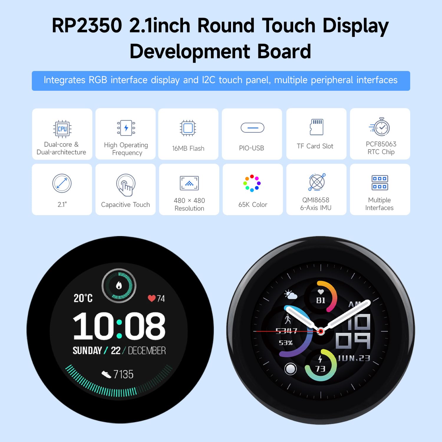 KLAYERS RP2350-Touch-LCD-2.1, płyta mikrokontrolera All-in-One, wersja z płaskim panelem dotykowym, wyświetlacz panelowy IPS 480 × 480, kolor 65K