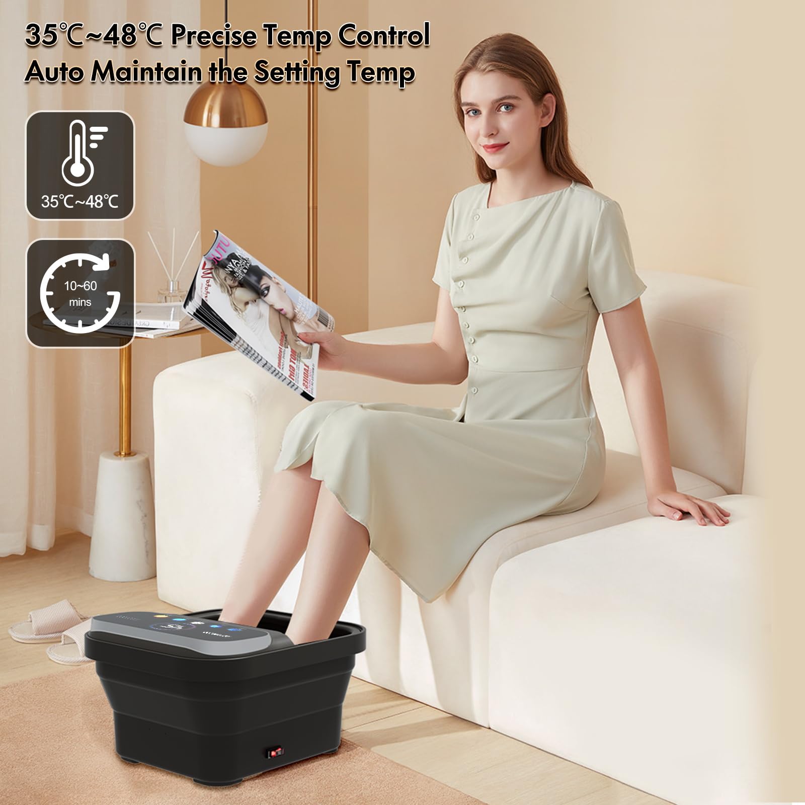 Bain de pieds pliable. Écran tactile, température et minuterie réglables, 6 rouleaux massants et fonction bouillonnante pour une détente complète