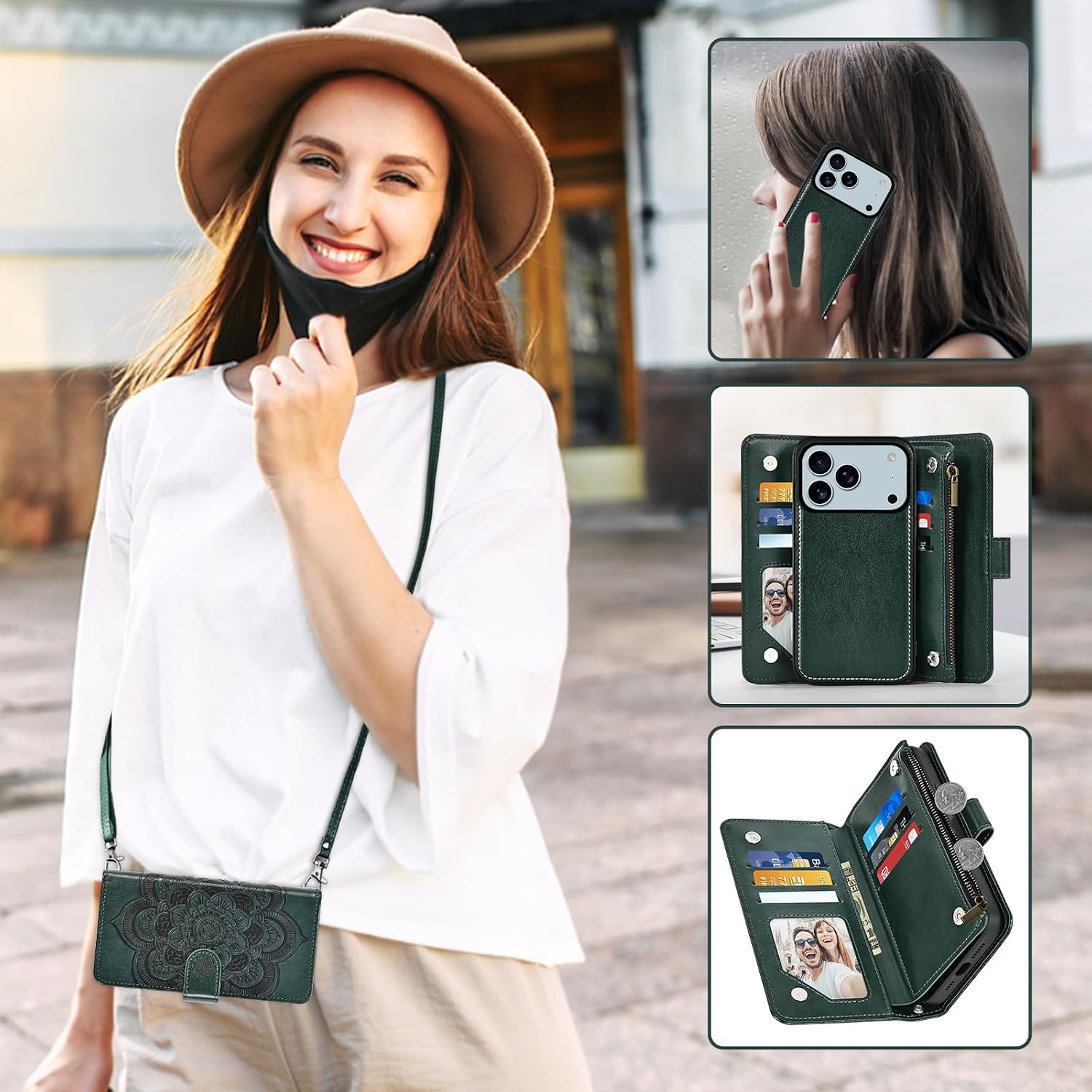 Asuwish Phone Case for iPhone 17 Pro 6.3 inch Zipper Wallet Detachable Cell Cover with Tempered Glass Screen Protector Crossbody Strap Flower Card Holder i Phone17 i17 17Pro Women Men Girls Dark Green