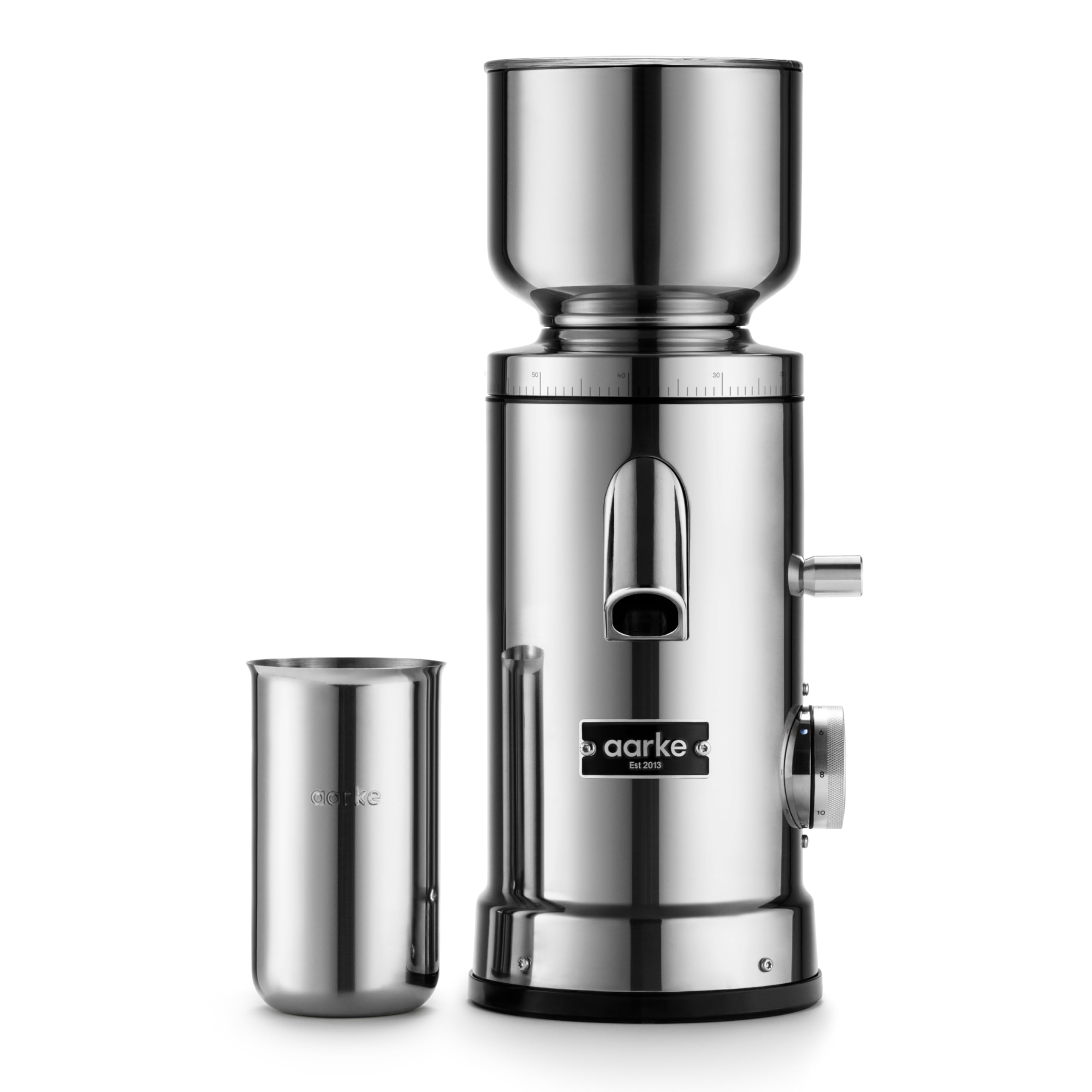 Molinillo de café eléctrico Aarke: molinillo de café de acero inoxidable con nivel de molienda ajustable, discos de molienda de 64 mm, dosificación automática y función de memoria, para espresso.