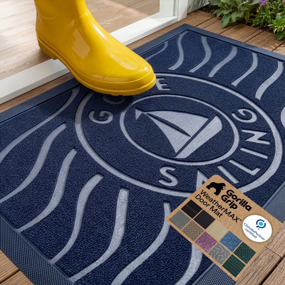  WeatherMAX Door Mat, Indoor Outdoor Use, 29x17, Navy Sailboat | 100% Waterproof Outdoor Doormat, US Designed, Stain and Fade Resistant, Low Profile Front Door Mat, Easy to Clean Welcome Mat