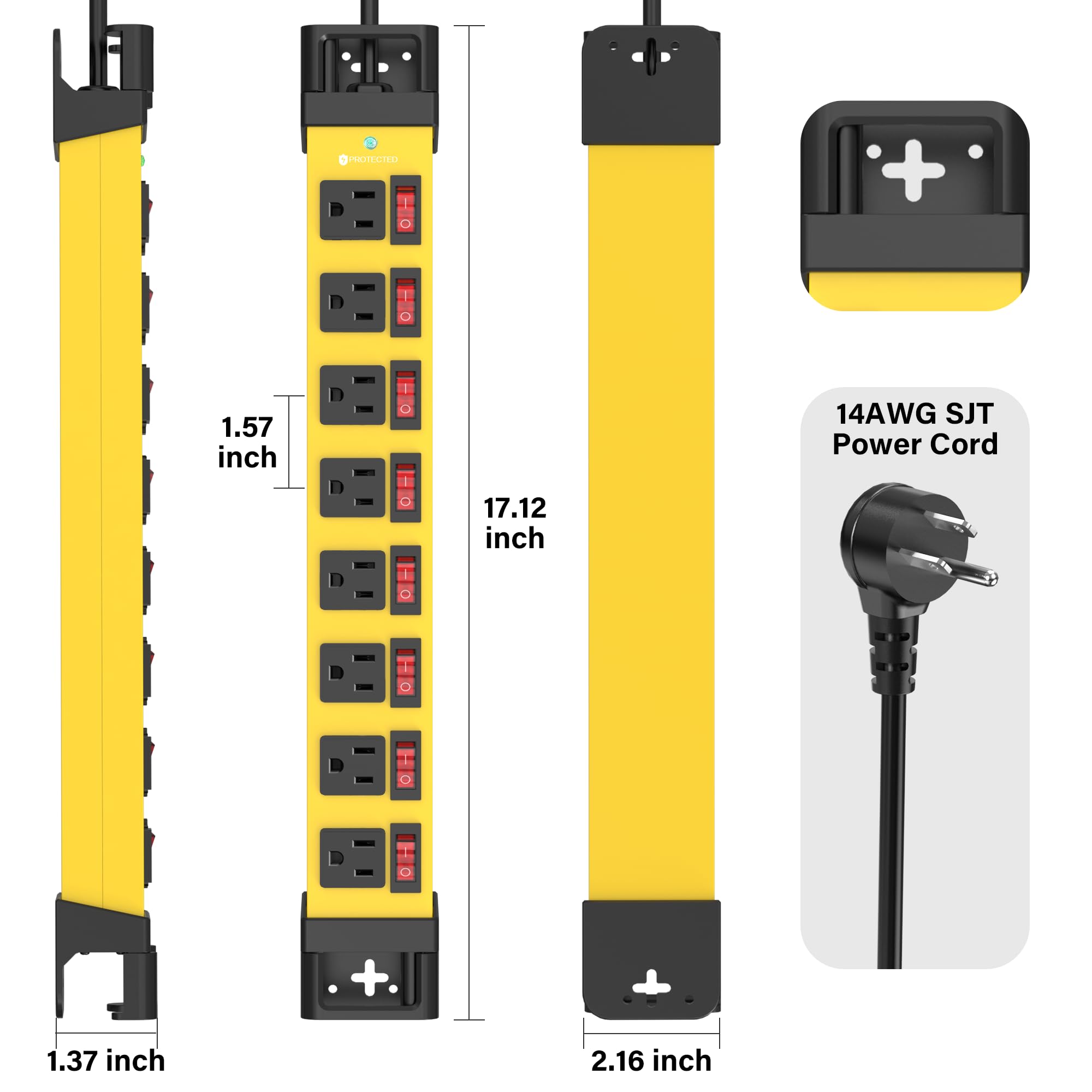 Bloc d'alimentation avec interrupteurs individuels, 8 prises haute résistance avec gestionnaire de câbles, protection contre les surtensions 1200J pour maison, bureau, garage, établi