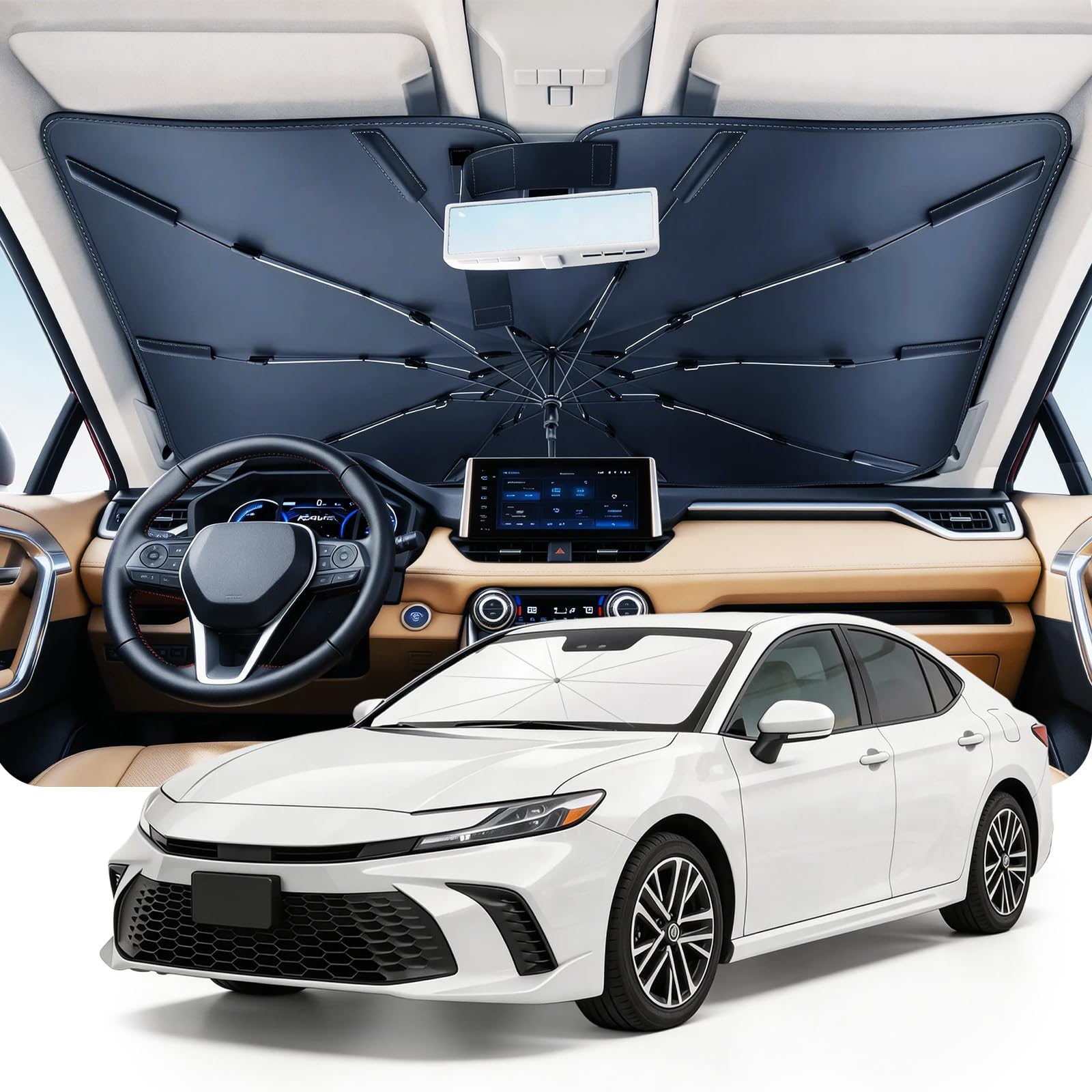Photo 1 of DMJN Umbrella Windshield Sun Shade for Toyota Camry (2011-2026), Car Sunshade for Front Windshield [Nano Ice-Crystal Coatings] UPF50+ Heat & UV Block, Protect Interior & Keep Cooler