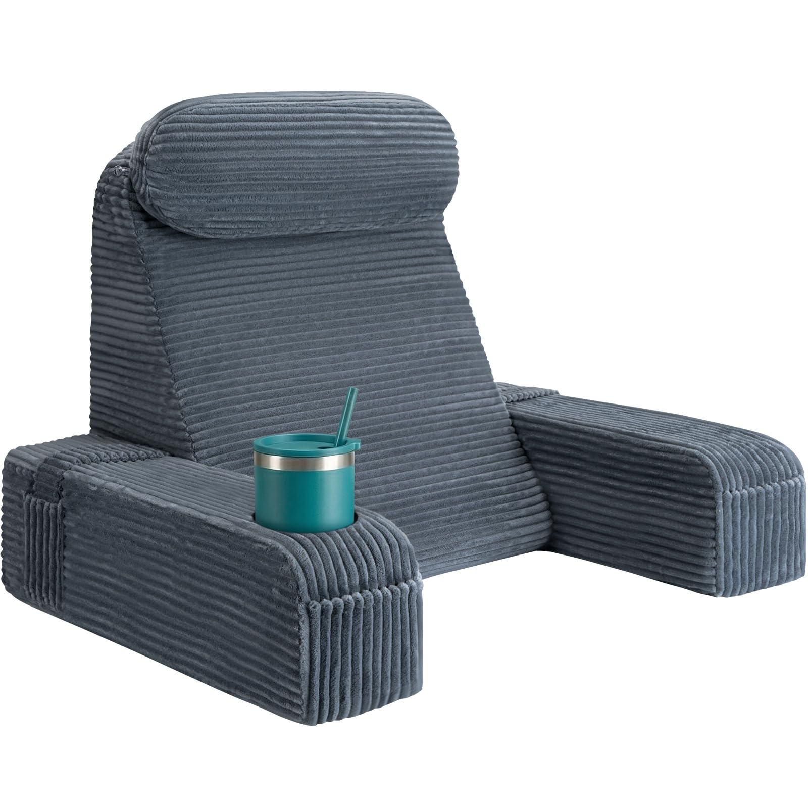 AS AWESLING Reading Pillow for Adults, Back Pillow for Bed Sitting Up, Backrest Cushion for Sitting in Bed, Detachable Arms with Built-in Cup & Phone Caddy (DARK GREY-CORDUROY, 21 INCH)
