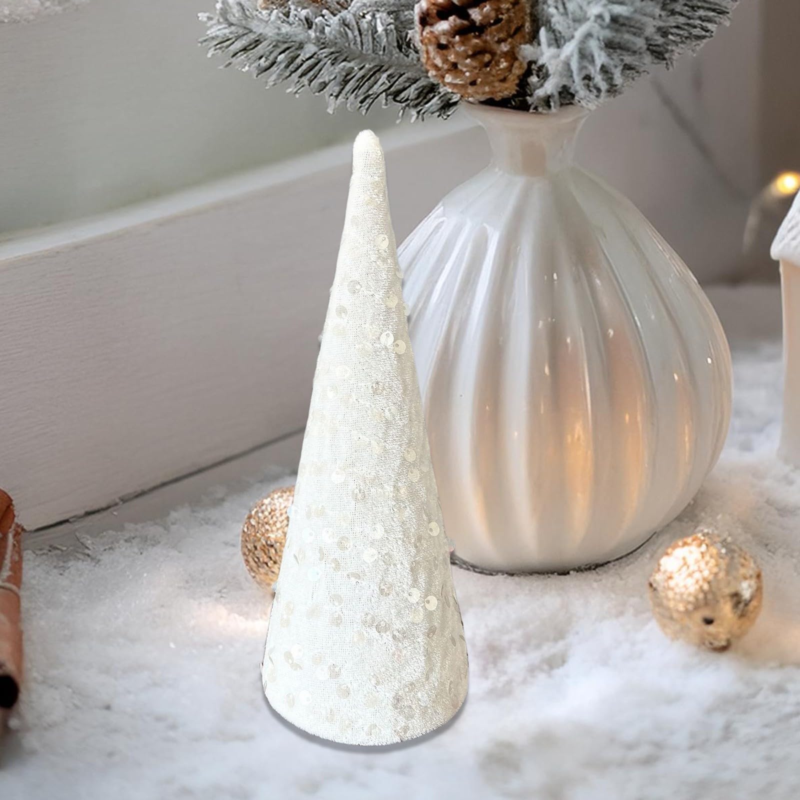Tree Centerpieces Decoration Christmas Sequin Cone Tree Table Ornament Fake Tabletop Trees for Christmas Birthday Party Supplies (White)