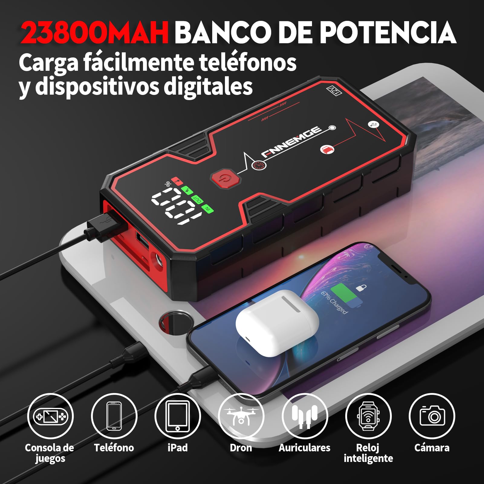 FNNEMGE Arrancador de Coches, 5000A 23800mAh Arrancador Batería Coche (para Todo vehículo de Gasolina o 8,0L de Diesel),Booster Bateria, con Puerto de Salida USB, Luz LED, Pantalla Grande HD.