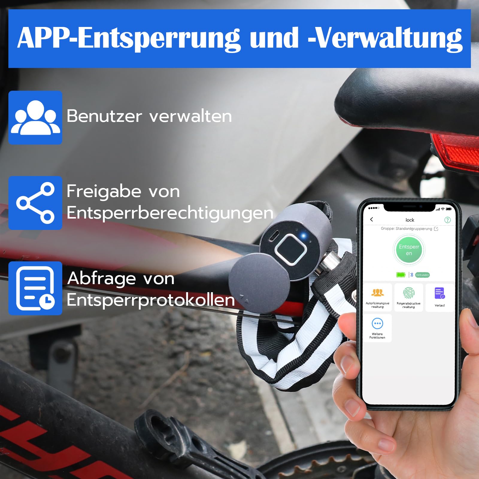 Anweller Lucchetto per bicicletta con impronte digitali, ad alta sicurezza, antifurto, con app, maglie in acciaio temprato, 6 mm x 100 cm, cavo impermeabile