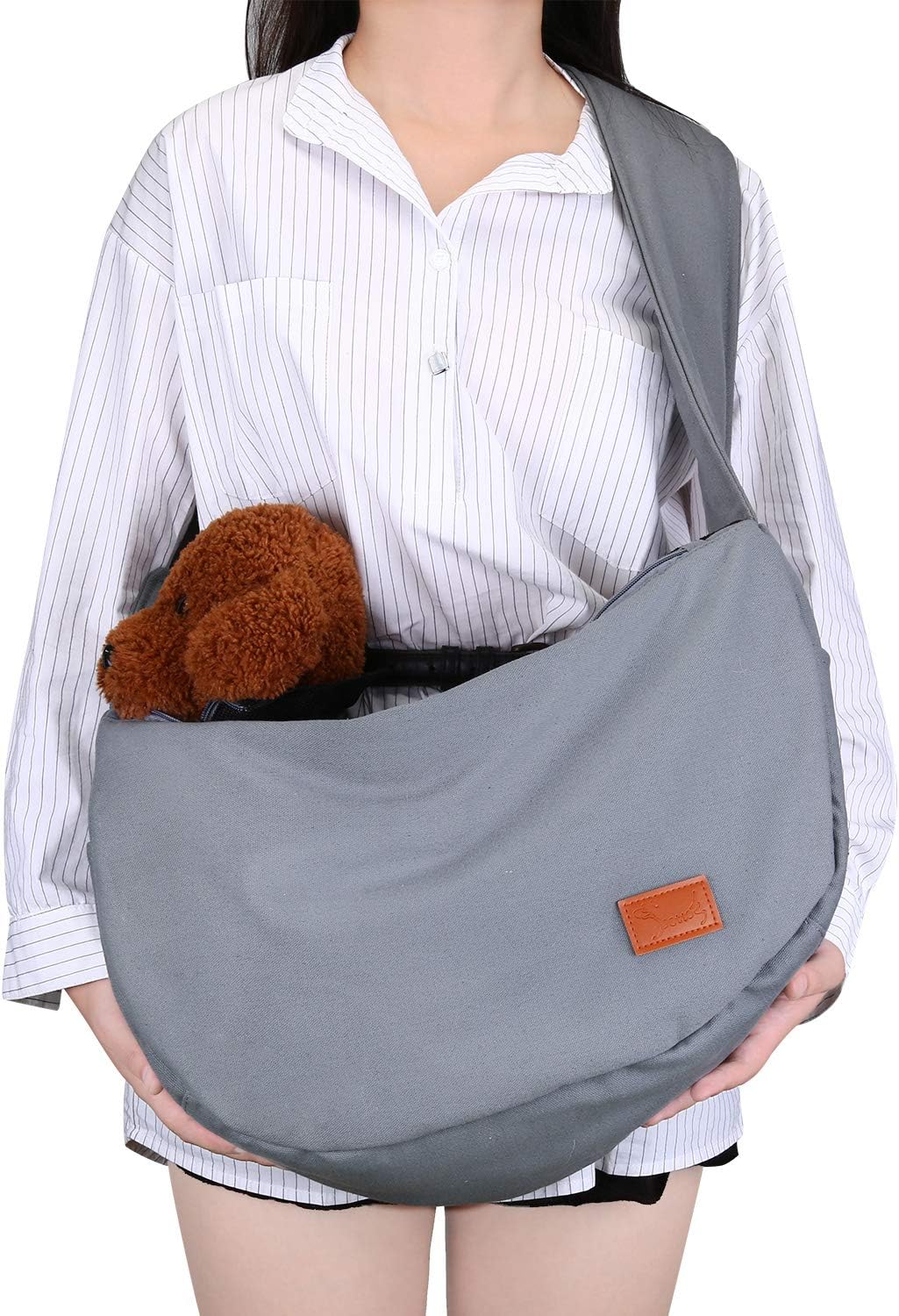 HAPPY HACHI Dog Sling Carrier, Hands Free Dog Papoose, Purse Pouch Front Bag for Small Dogs Pet Puppy, Cat Rucksack, Adjustable Wide Shoulder Strap, with Pockets, for Walking Travel Shopping, Grey