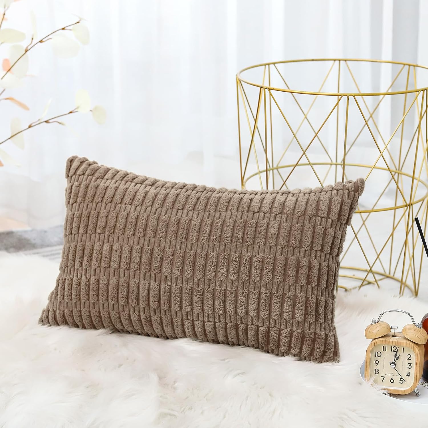 OTOSTAR Corduroy Decorative Throw Pillow Covers 12x20 Inch Super Soft Boho Striped Rectangle Pillow Covers Case Modern Cushion Covers for Sofa Couch Bedroom Car Decor Brown - Image 2