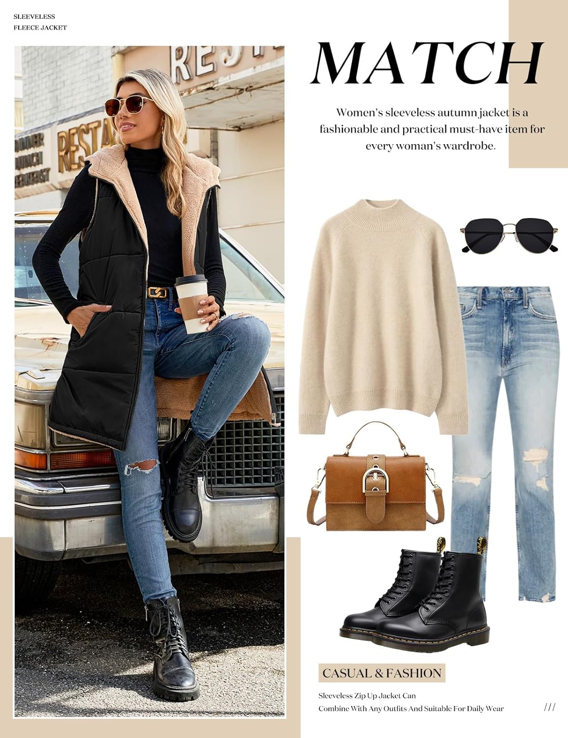 Womens Fall Reversible Vests Sleeveless Fleece Hoodie Jacket Zip Up Winter Warm Hooded Long Coat Outerwear with Pockets - Image 7