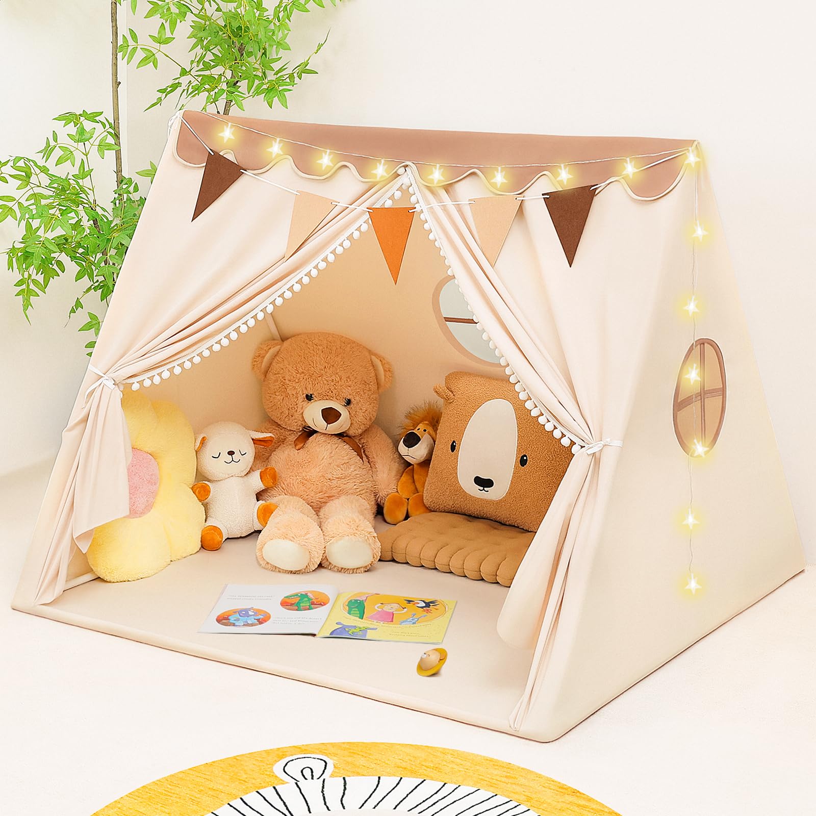 PIIKAGO Kids Tent Indoor with Star Lights and Flags - Play Tent for Kids Ages 4-8, Toddler Playhouse for Girls Boys, Brown