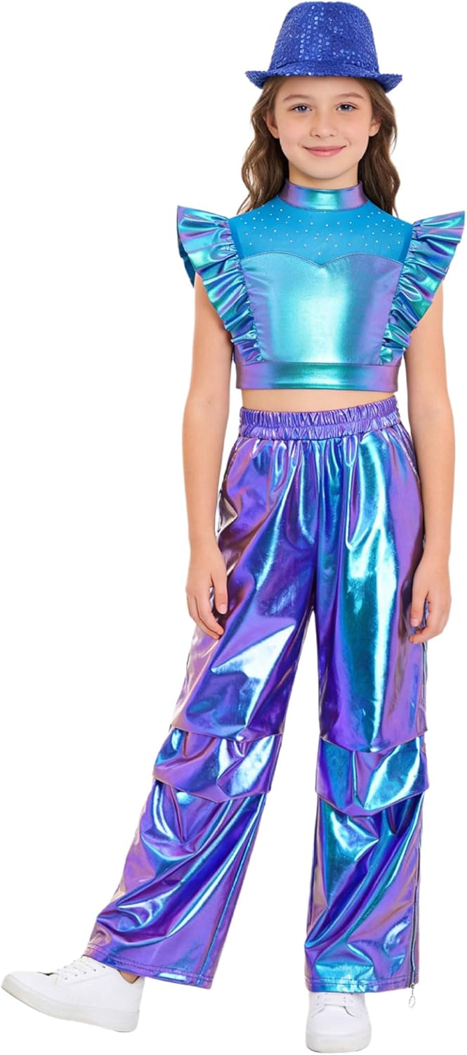 Kids Girls Glittery Vest Trousers Jazz Dance Outfit Metallic Tank Top And Wid-leg Pants Street Dancewear Blue 14 Years