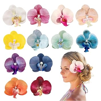 12 Pcs Orchid Hair Clip, Orchid Flower Clips, Butterfly Pearl Orchids Clips Accessories, Summer Pearl Butterfly Artificial Flowers Hawaiian Flower Hair Clip for Women and Girls