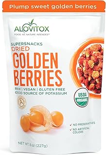 Alovitox Sun Dried Golden Berries | Raw, Fresh & Organic | 1 oz Contains 2g Protein & 5g Fiber, Low-Calorie & Glycemic Index | With Potassium, Iron, Vitamins A & C | Gluten-Free, Vegan | 8 oz