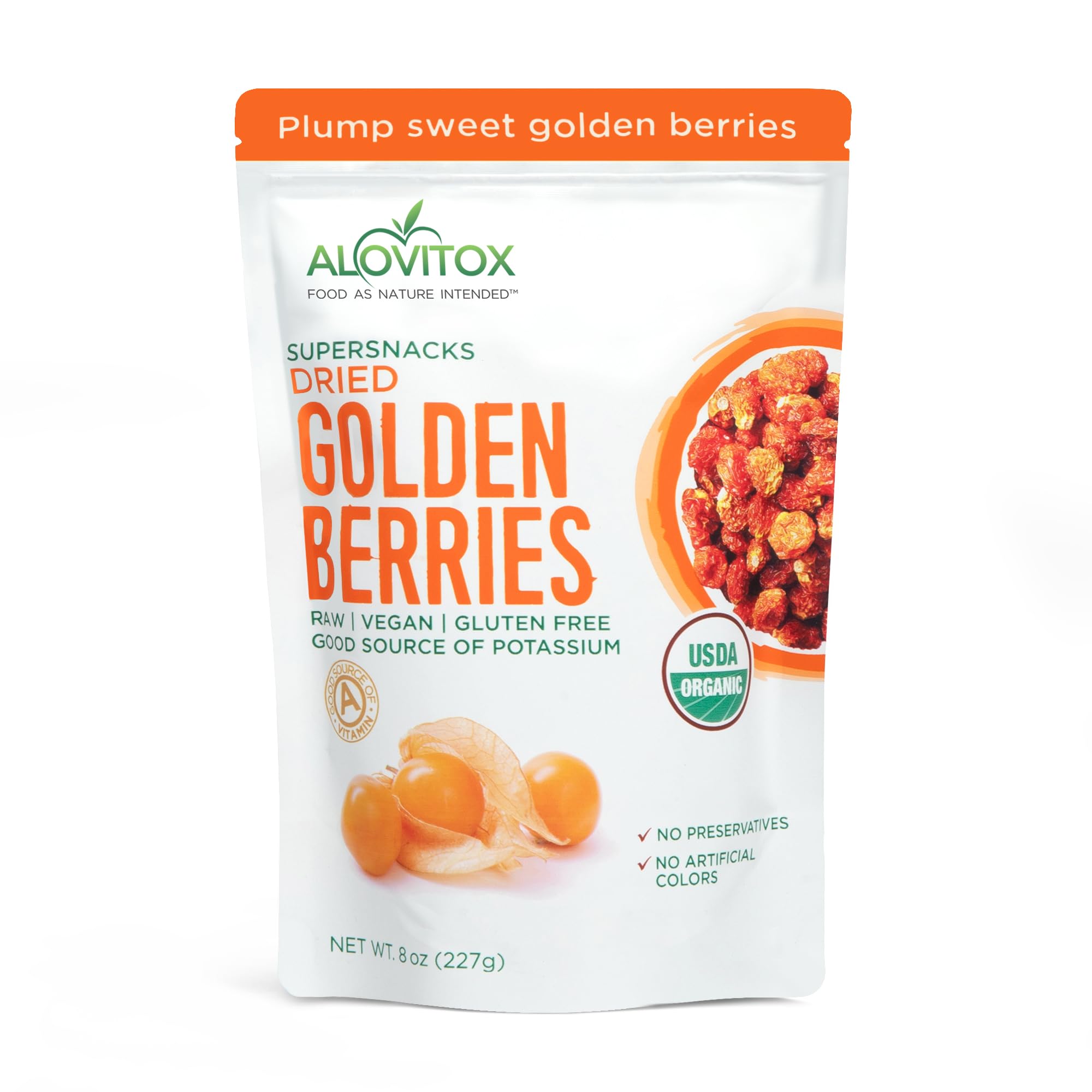 Alovitox Sun Dried Golden Berries | Raw, Fresh & Organic | 1 oz Contains 2g Protein & 5g Fiber, Low-Calorie & Glycemic Index | With Potassium, Iron, Vitamins A & C | Gluten-Free, Vegan | 8 oz