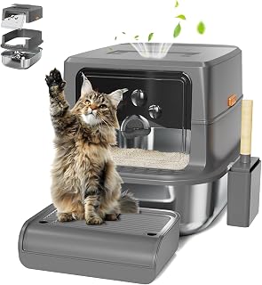 IHAYNER Katzenklo Edelstahl XXL 60x40x39cm 47L Groß Katzentoilette Edelstahl Wanne mit Deckel Metall Katzenklo Geschlossen mit Pedals, Schaufel