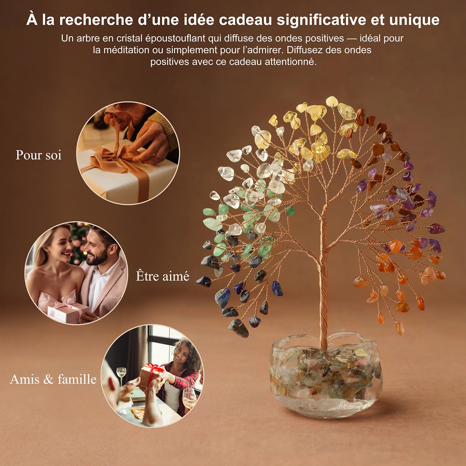 Citrine Arbre en Cristal Naturel Feng Shui Bonsaï Arbre de Vie Pierres de Guérison Reiki Chakra Décoration Maison Bureau Porte Bonheur Cadeau Spirituel Base Verre 17 cm