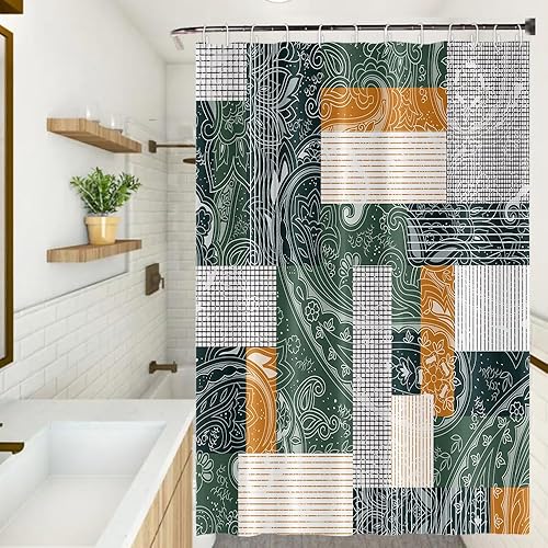 Miniatura 18 de Cortina de ducha de mediados de siglo, moderna abstracta con patrón geométrico atómico de explosión de estrellas para los años 50, accesorios de