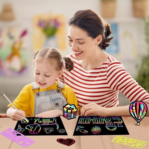 Miniatura 10 de RMJOY Juegos de papel para raspar arcoíris 59 piezas de arte mágico para manualidades juegos de suministros de papel para raspar para niños y niñas